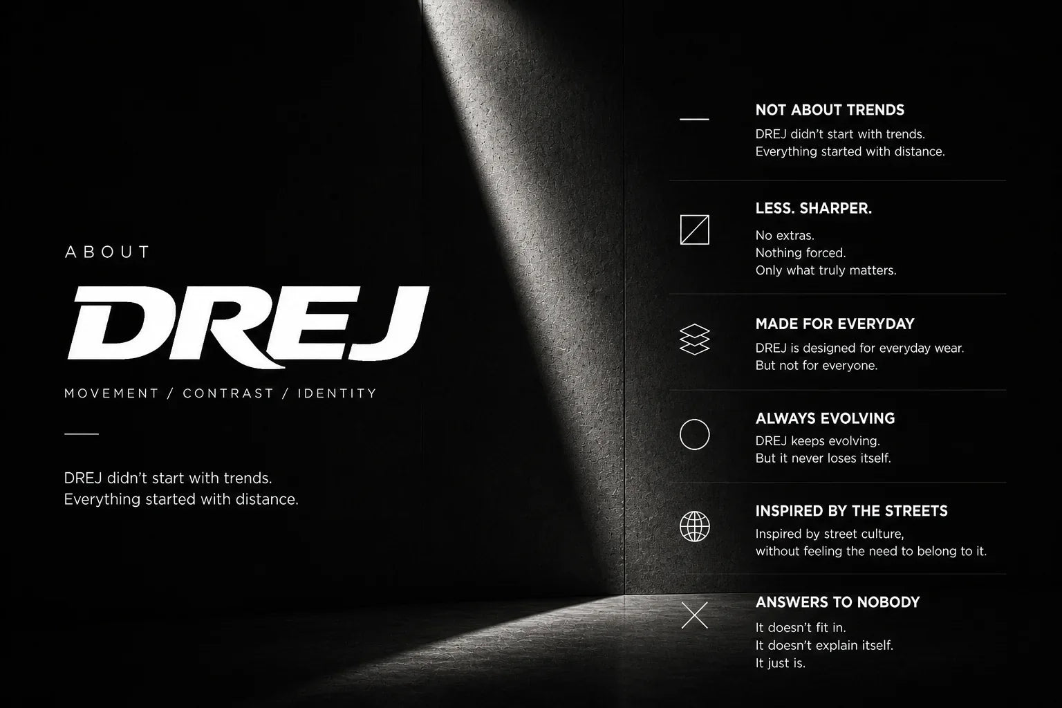 Minimalist black and white graphic with 'DREJ' branding, spotlight, and streetwear values.